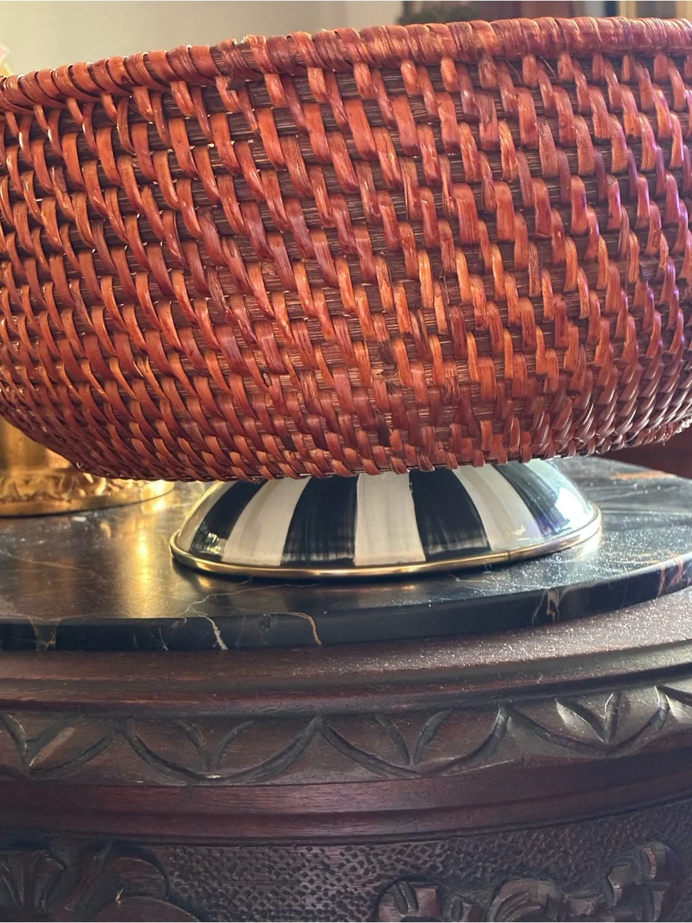 McKenzie Childs Courtly Check Wicker Bowl with Black & White Enamel Base